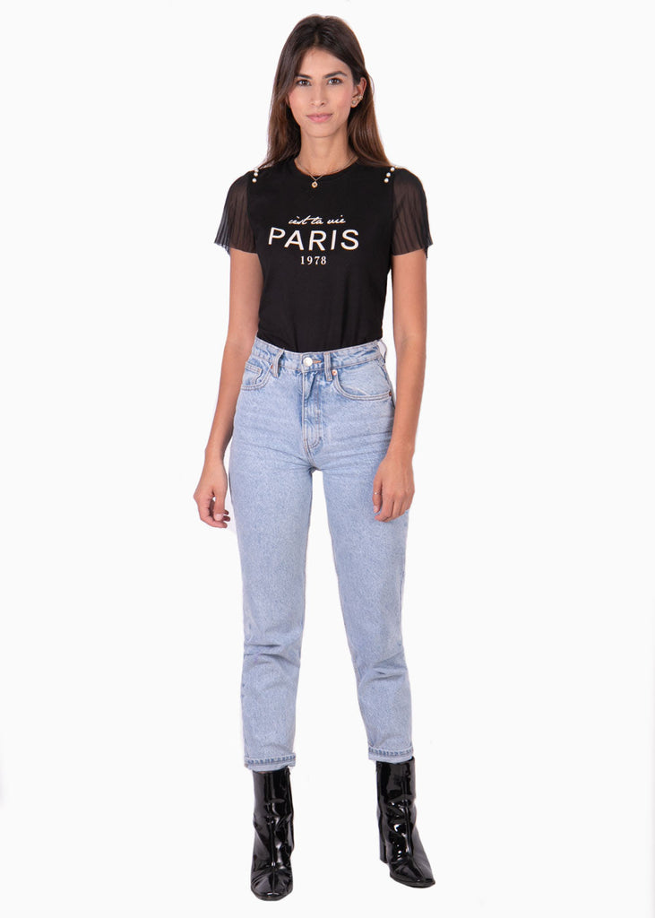 Camiseta manga corta con perlas en hombros para mujer - Flashy