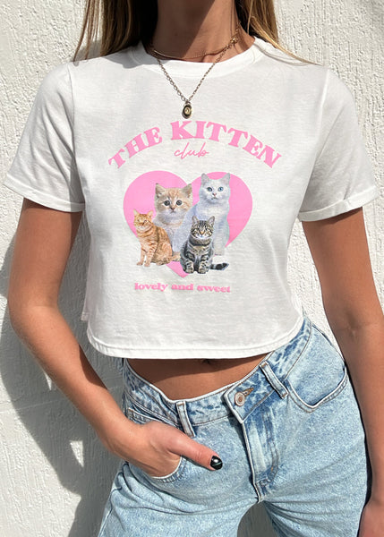 Camiseta crop con estampado "The Kitten Club" color marfil, blanco para mujer - Flashy