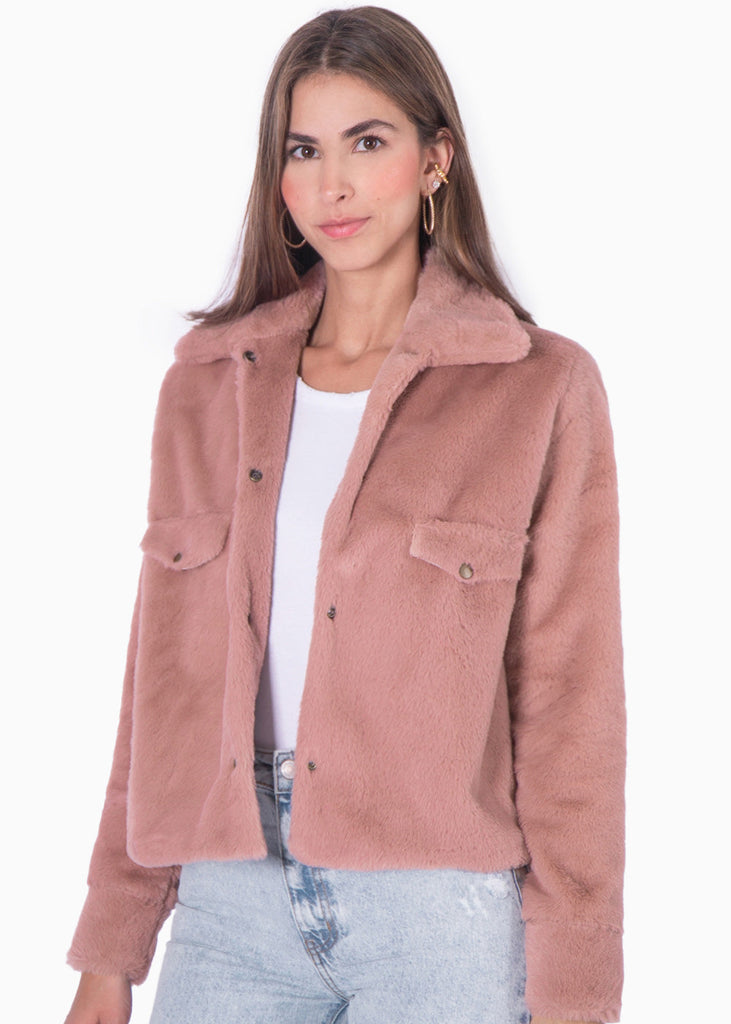 Chaqueta de botones con pelo sintético color rosado para mujer - Flashy