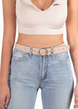 Cinturón con textura de piel y hebilla redonda para mujer - Flashy
