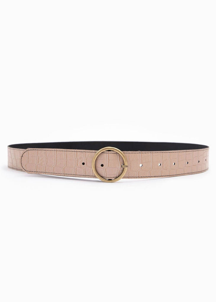 Cinturón con textura de piel y hebilla redonda para mujer - Flashy