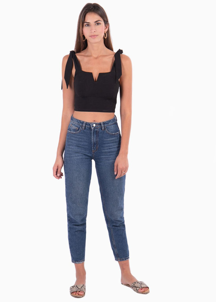 Crop top con anudados en tiras color negro para mujer - Flashy