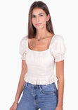 Crop top de lino con mangas embombadas y escote cuadrado para mujer - Flashy