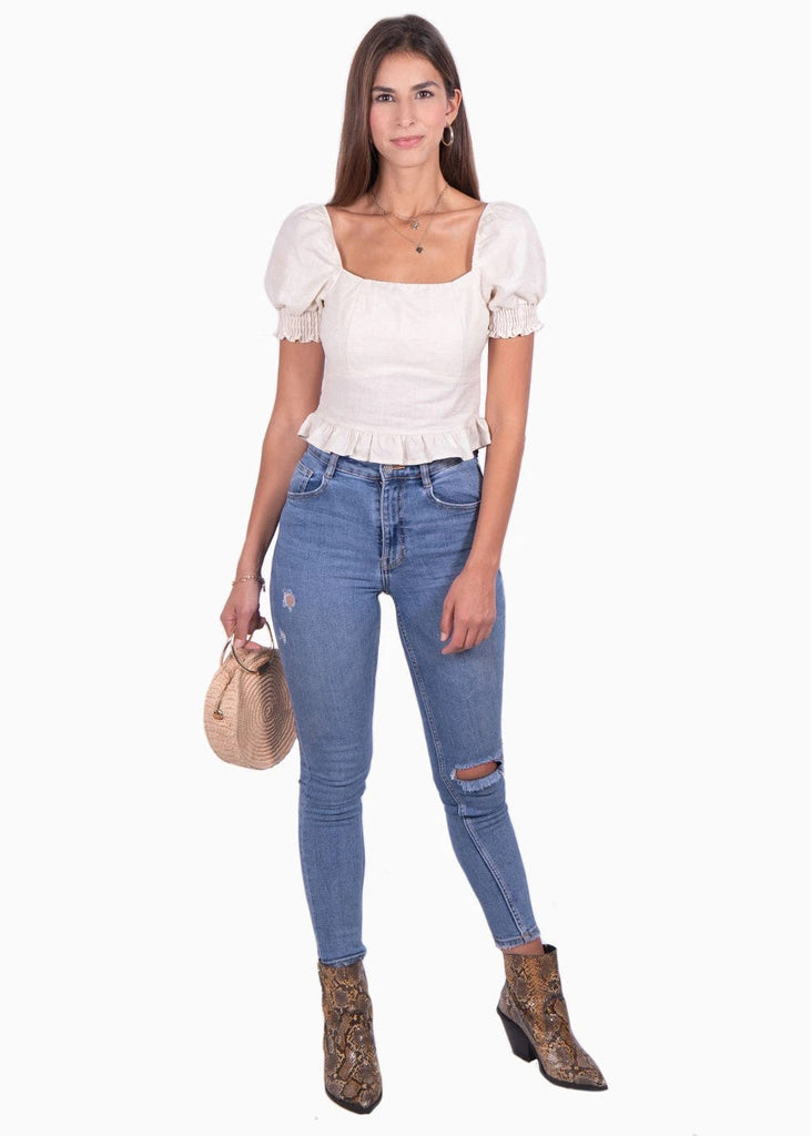 Crop top de lino con mangas embombadas y escote cuadrado para mujer - Flashy