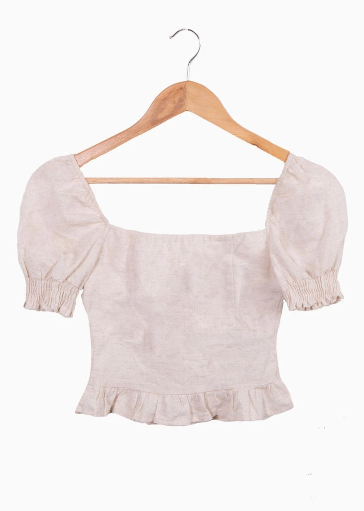 Crop top de lino con mangas embombadas y escote cuadrado para mujer - Flashy