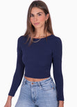 Crop top manga larga con espalda descubierta color azul para mujer - Flashy