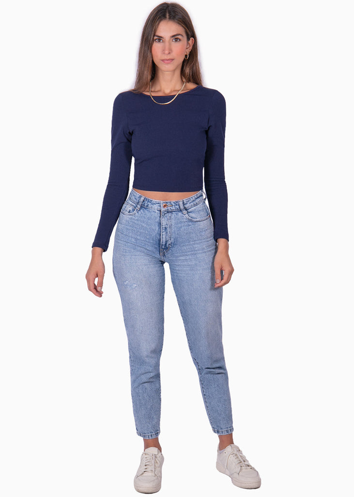 Crop top manga larga con espalda descubierta color azul para mujer - Flashy
