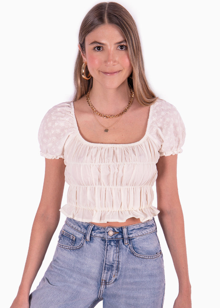 Crop top con mangas abullonadas de ojalillo color blanco, marfil para mujer - Flashy