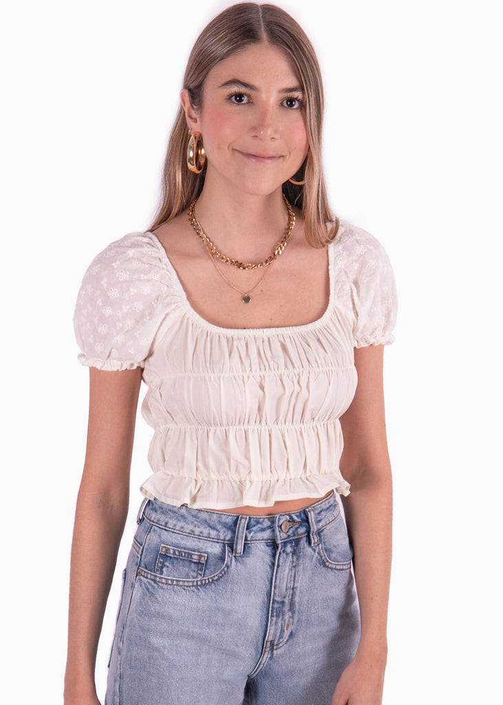 Crop top con mangas abullonadas de ojalillo color blanco, marfil para mujer - Flashy