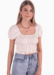 Crop top con mangas abullonadas de ojalillo color blanco, marfil para mujer - Flashy