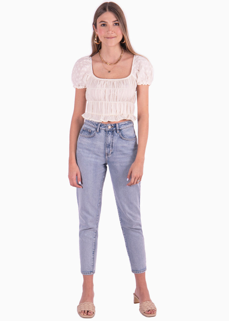 Crop top con mangas abullonadas de ojalillo color blanco, marfil para mujer - Flashy