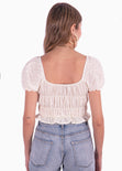Crop top con mangas abullonadas de ojalillo color blanco, marfil para mujer - Flashy