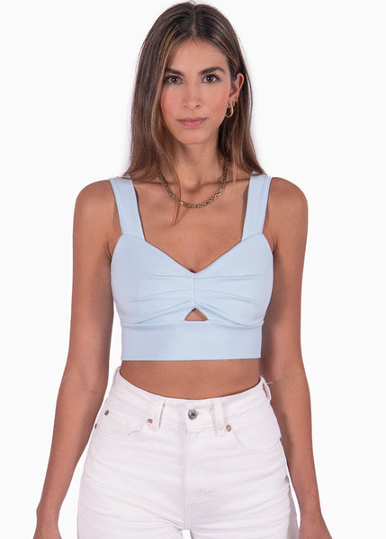 Crop top de tiras con recogido en frente color azul para mujer - Flashy