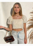 Crop top de lino con mangas abullonadas y escote cuadrado color beige para mujer - Flashy