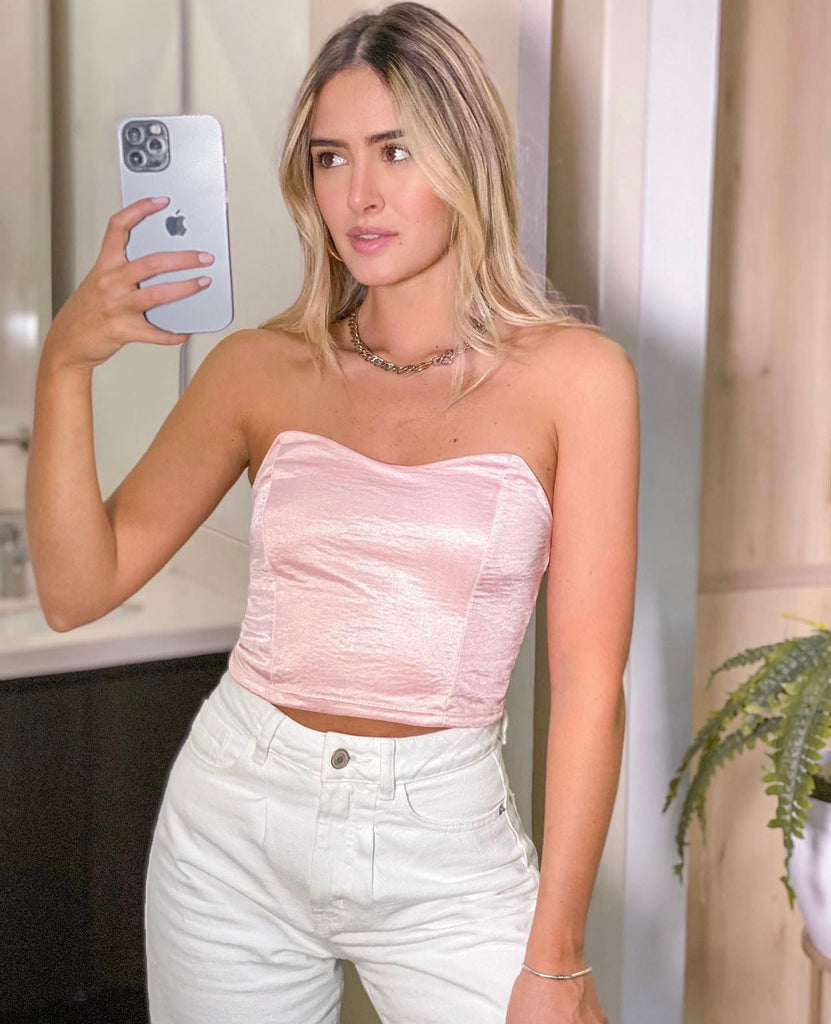 Crop top strapless con puntas color rosado para mujer - Flashy