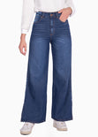 Jean tiro alto bota ancha color azul, denim para mujer - Flashy