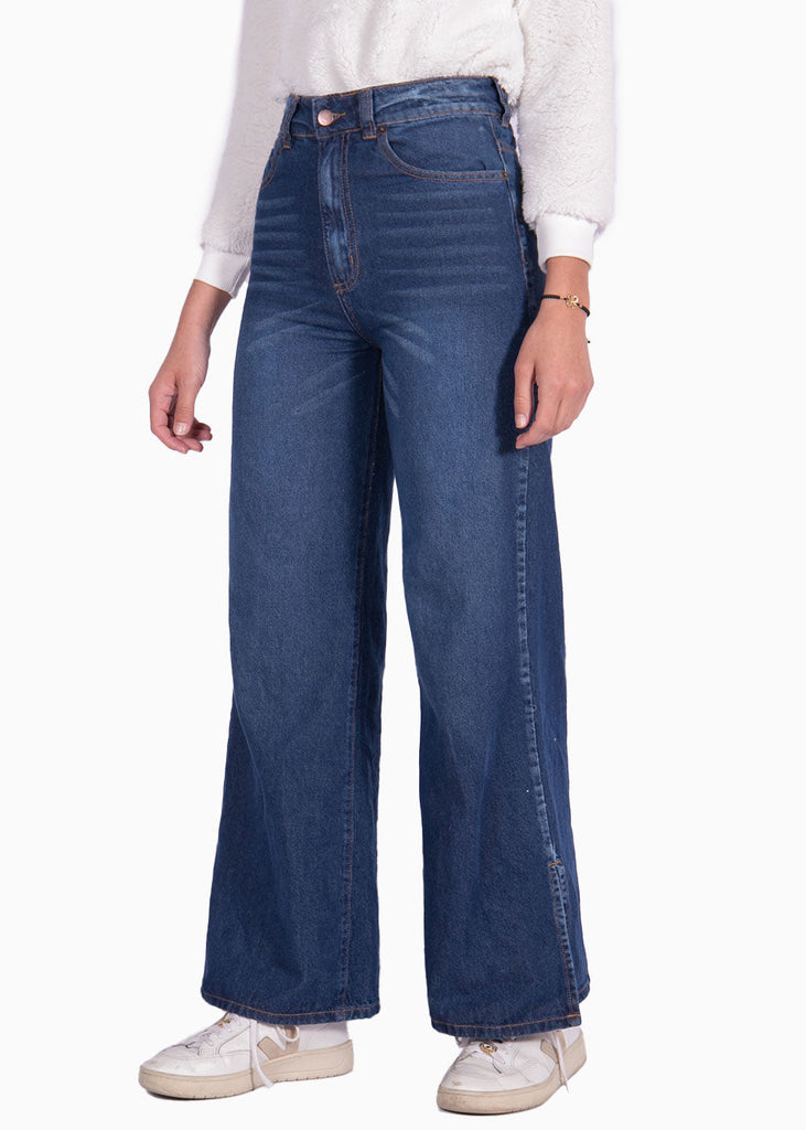 Jean tiro alto bota ancha color azul, denim para mujer - Flashy