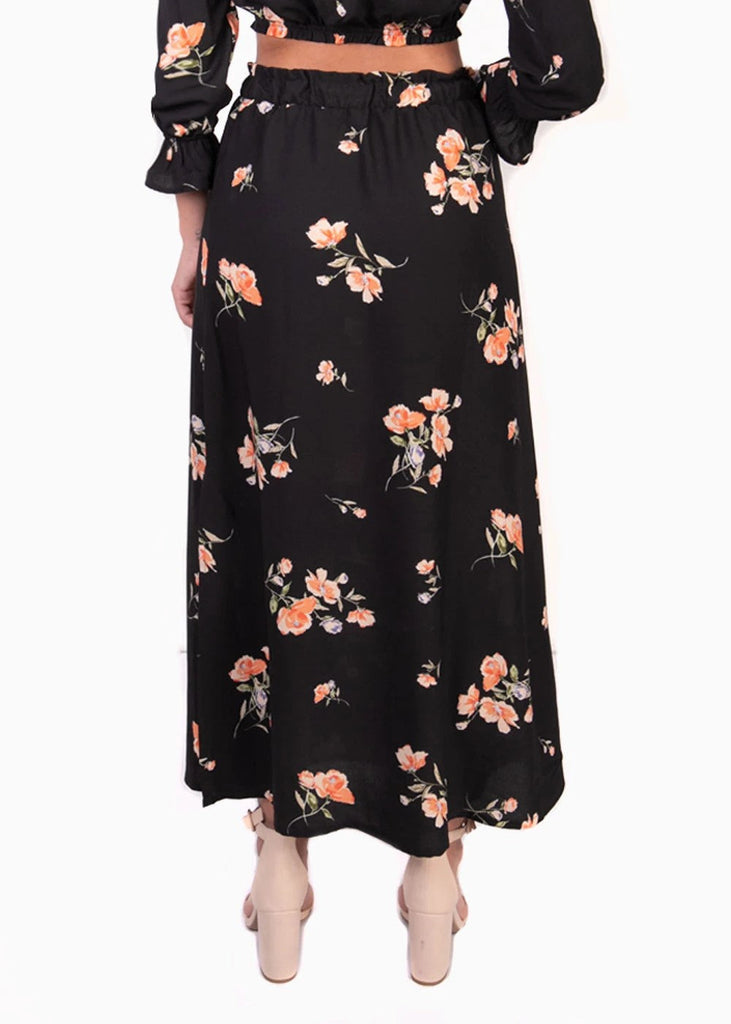 Maxi falda negra con estampado de flores para mujer - Flashy