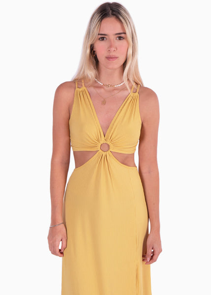 Vestido largo sin mangas y aro en escote color amarillo para mujer - Flashy