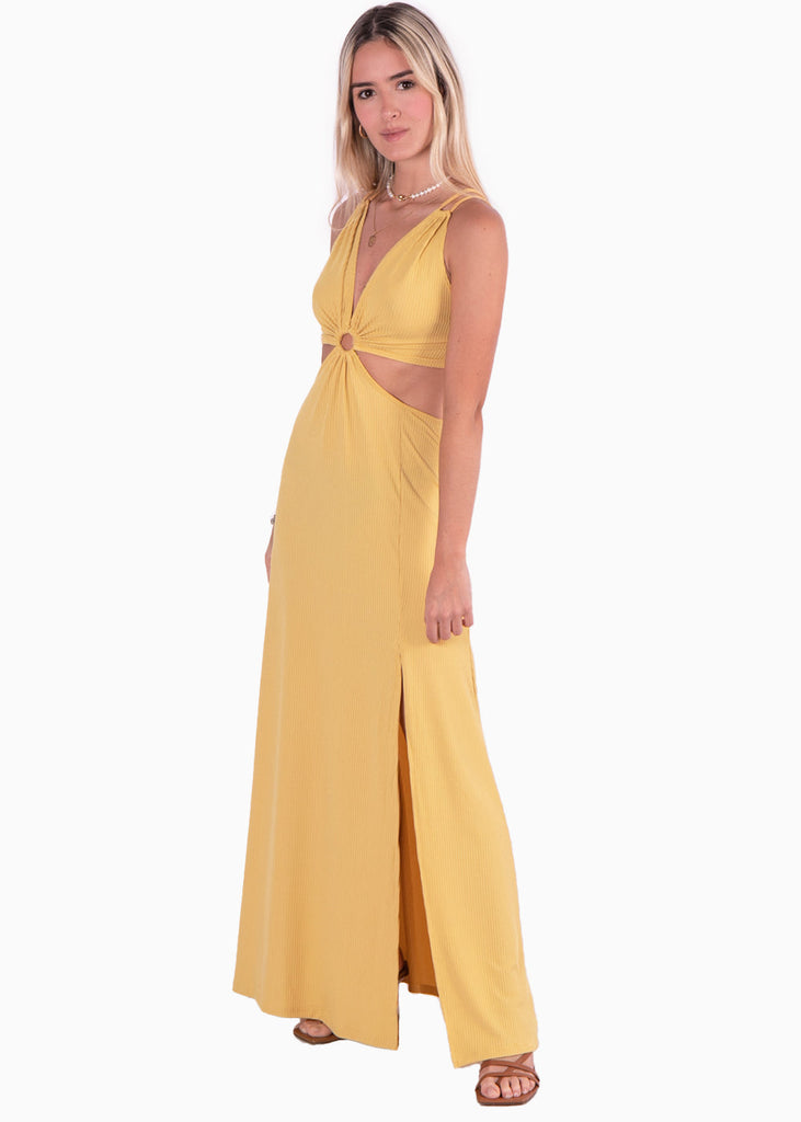 Vestido largo sin mangas y aro en escote color amarillo para mujer - Flashy