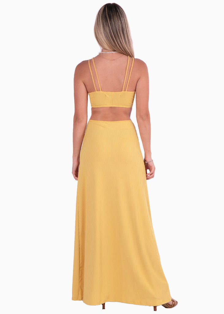 Vestido largo sin mangas y aro en escote color amarillo para mujer - Flashy