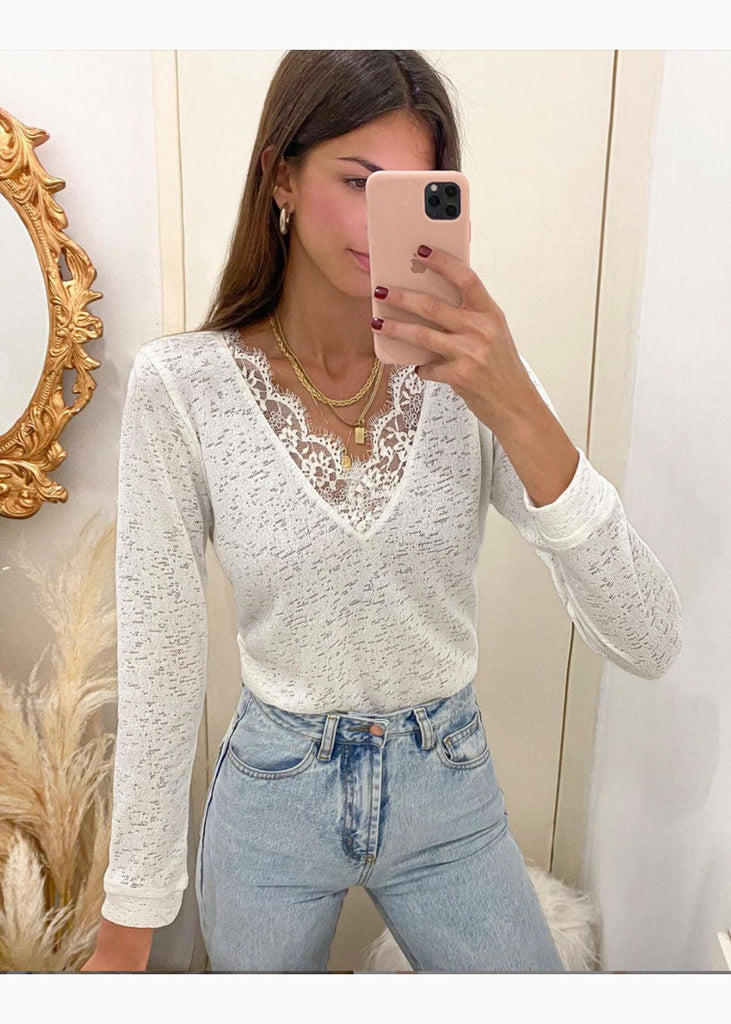 Buso con encaje en escote y encaje en corte para mujer - Flashy