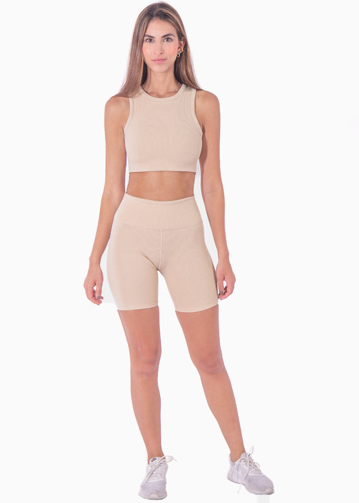 Top deportivo cuello alto sin mangas color beige para mujer - Flashy