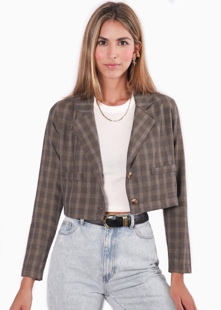 Blazer corto con estampado príncipe de Gales color gris para mujer - Flashy