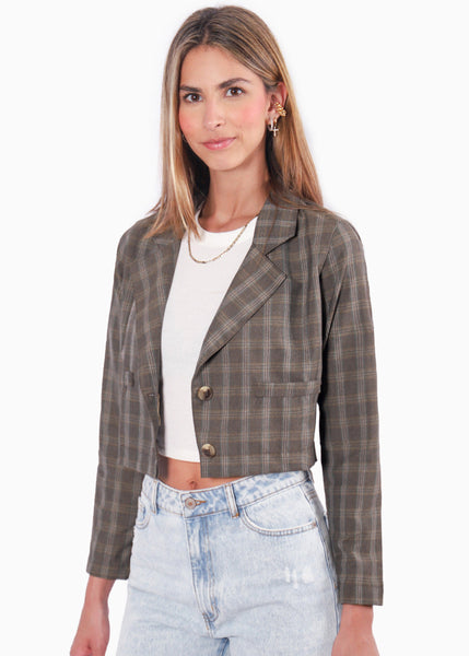 Blazer corto con estampado príncipe de Gales color gris para mujer - Flashy