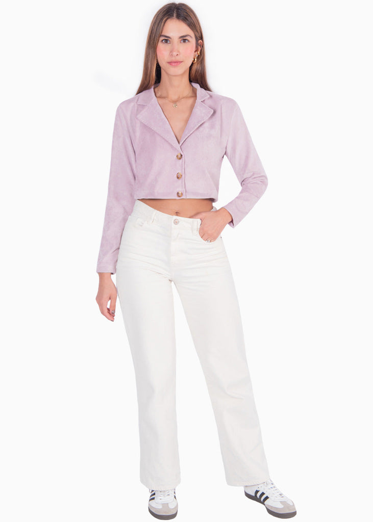 Blazer tipo sastre corto de corduroy color lila para mujer - Flashy