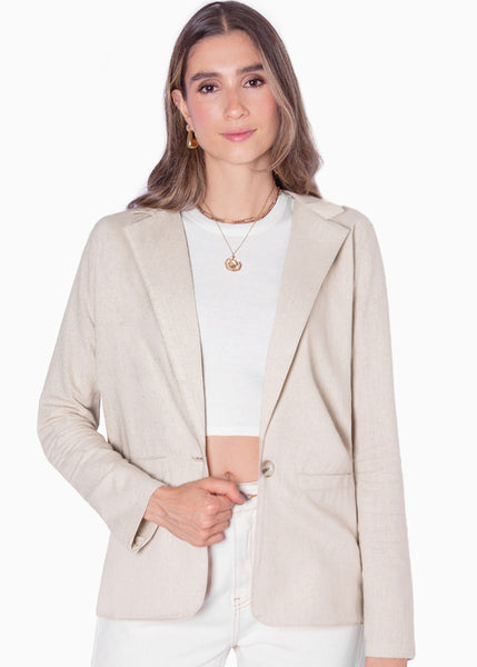 Blazer tipo sastre de lino con bolsillos en frente color beige para mujer - Flashy
