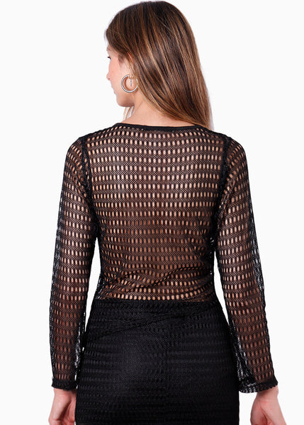 Blusa asimétrica en malla con manga campana para mujer - Flashy