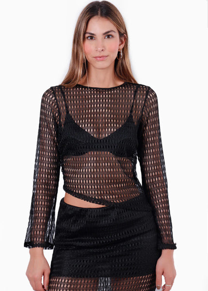 Blusa asimétrica en malla con manga campana para mujer - Flashy