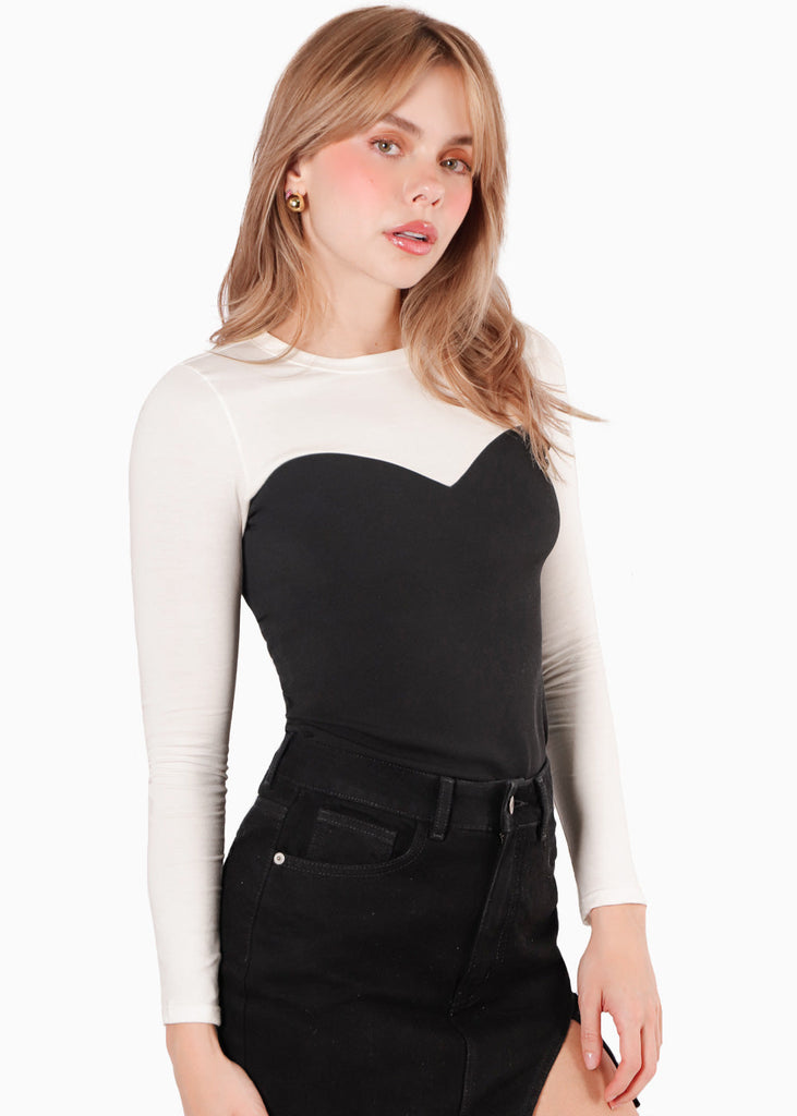 Blusa con corset en contraste color marfil, blanco para mujer - Flashy