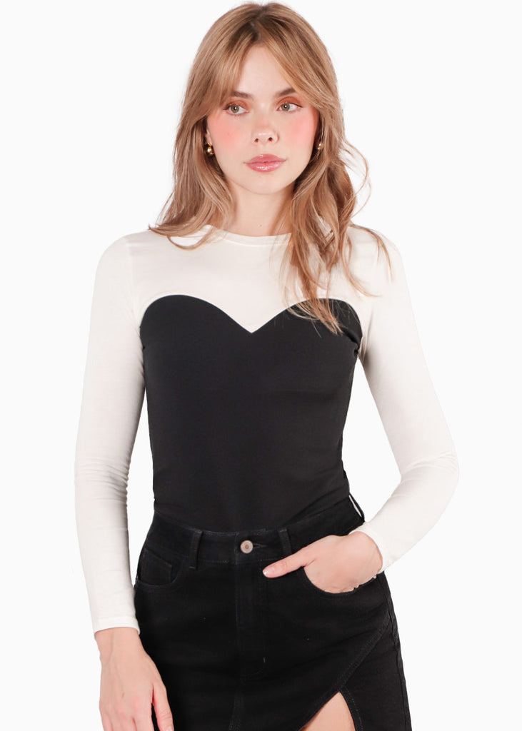 Blusa con corset en contraste color marfil, blanco para mujer - Flashy
