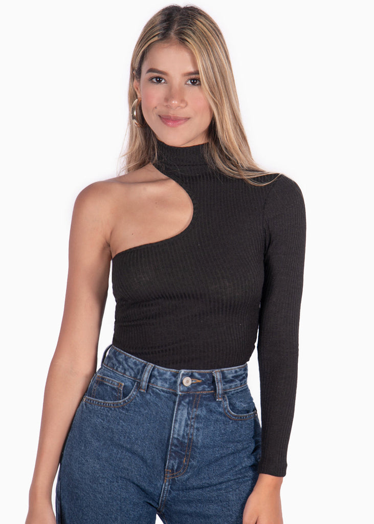 Blusa con cuello halter y un solo hombro color negro para mujer - Flashy