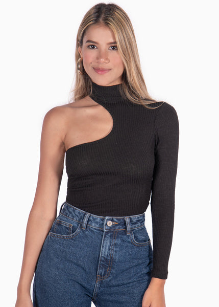 Blusa con cuello halter y un solo hombro color negro para mujer - Flashy
