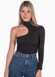 Blusa con cuello halter y un solo hombro color negro para mujer - Flashy