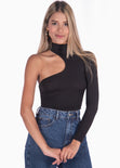 Blusa con cuello halter y un solo hombro color negro para mujer - Flashy