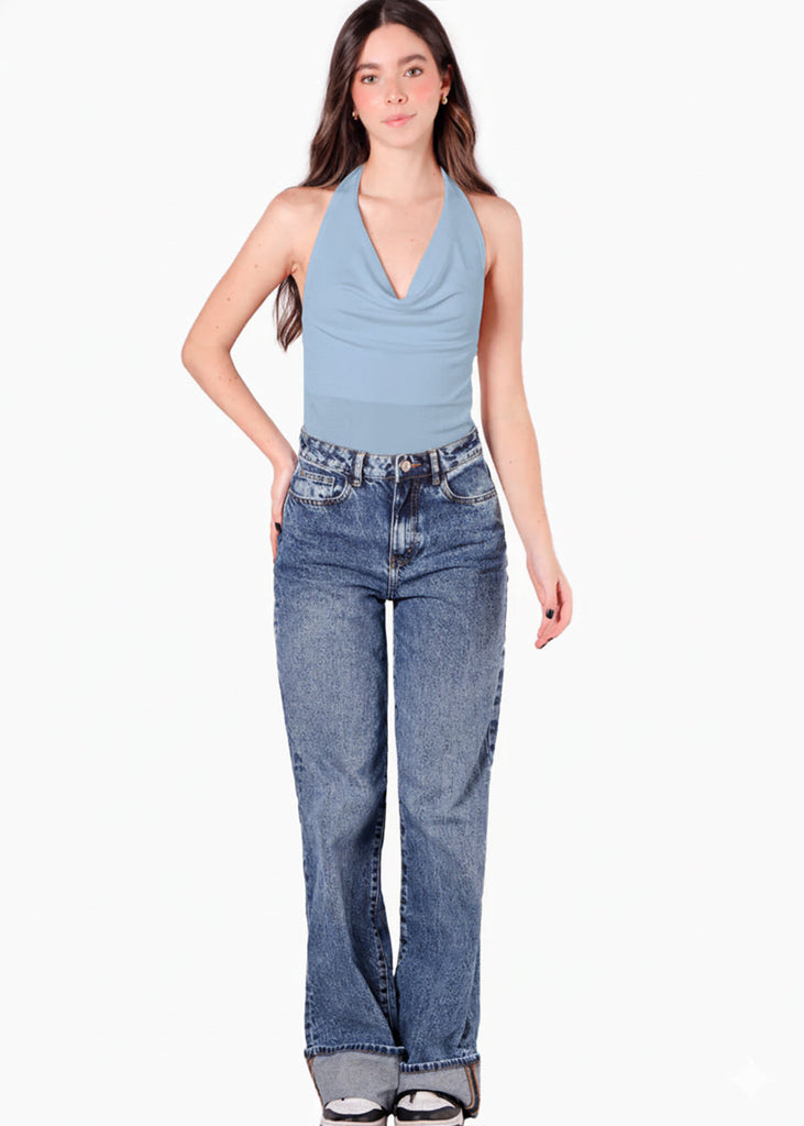 Blusa con drapeado en escote tipo halter - DENVER.AZUL