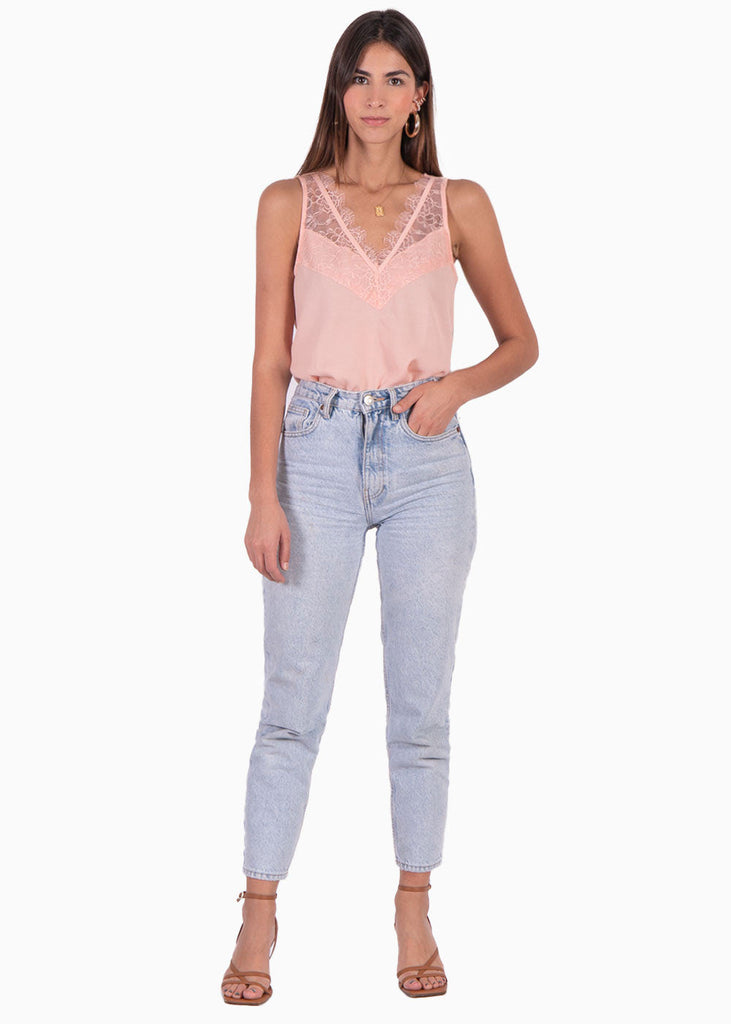 Blusa con escote de encaje color rosado para mujer - Flashy