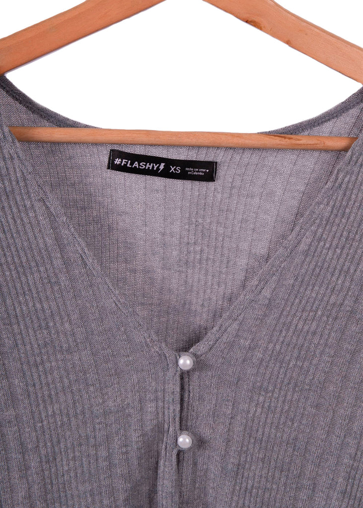 Blusa manga larga con botones de perlas color gris para mujer - Flashy