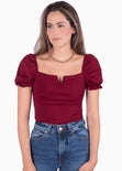 Blusa con escote en v y mangas embombadas color vino para mujer - Flashy