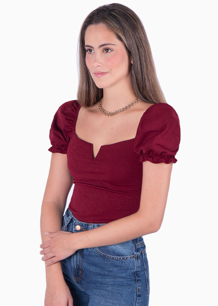 Blusa con escote en v y mangas embombadas color vino para mujer - Flashy