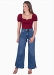 Blusa con escote en v y mangas embombadas color vino para mujer - Flashy