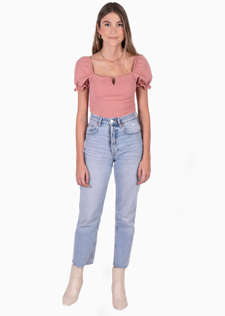 Blusa con escote en v y mangas embombadas color rosado para mujer - Flashy
