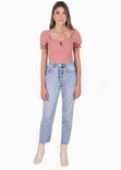 Blusa con escote en v y mangas embombadas color rosado para mujer - Flashy