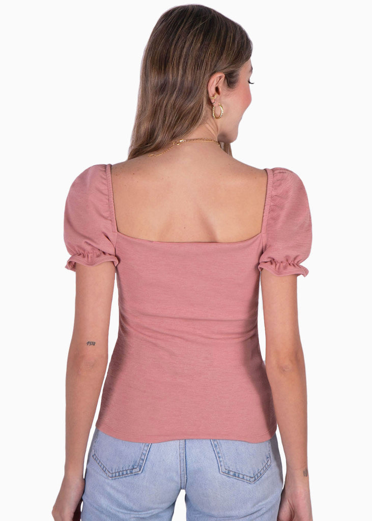 Blusa con escote en v y mangas embombadas color rosado para mujer - Flashy