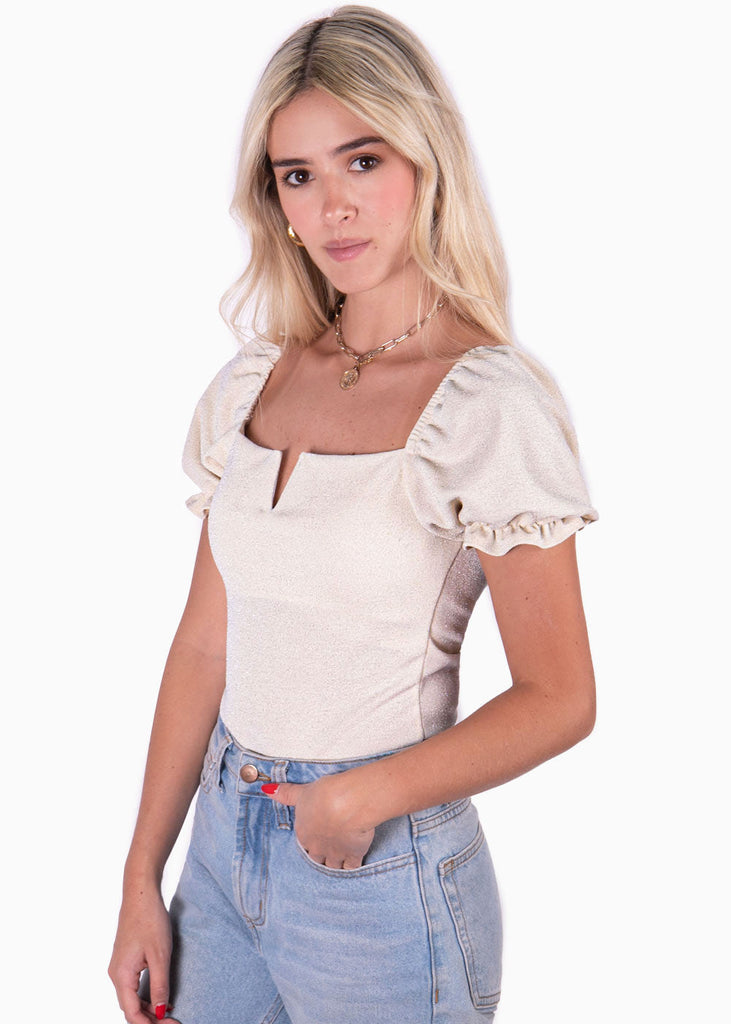 Blusa con escote en v y mangas embombadas color blanco, marfil para mujer - Flashy