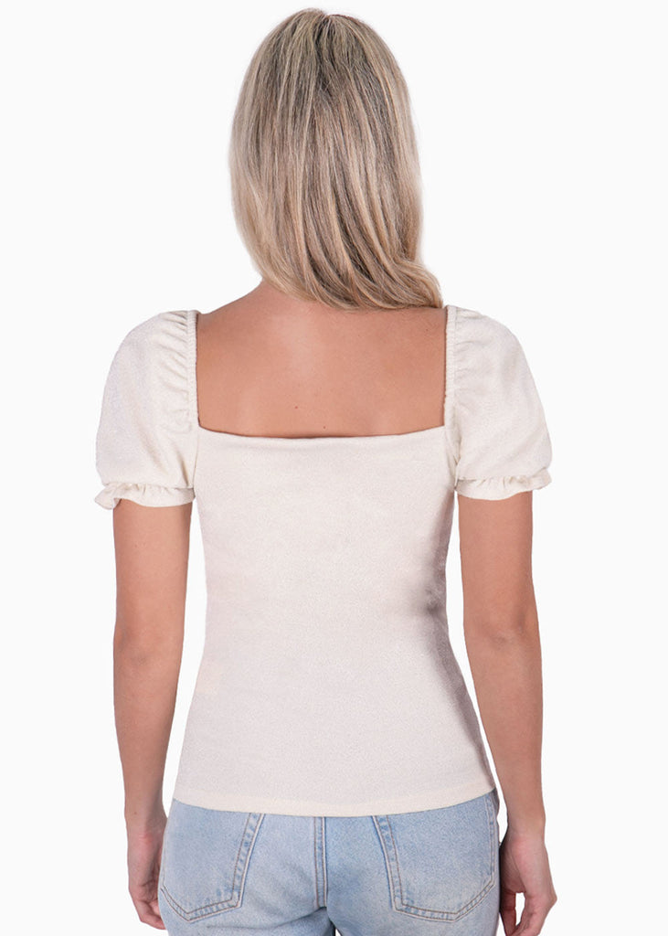Blusa con escote en v y mangas embombadas color blanco, marfil para mujer - Flashy